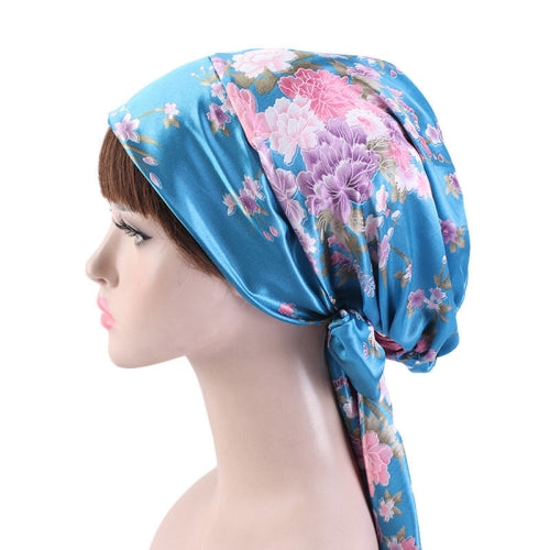 2 PCS TJM-226 Ladies Satin Print Ribbon Bow Turban Hat Night Cap Silk Chemotherapy Hat Long Tail Braid Hat(Lake Blue)