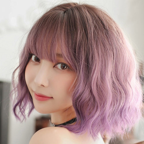 Women Wigs Gradient Realistic Corn Perm Short Curly Hair(Haze Purple Gradient 33cm)