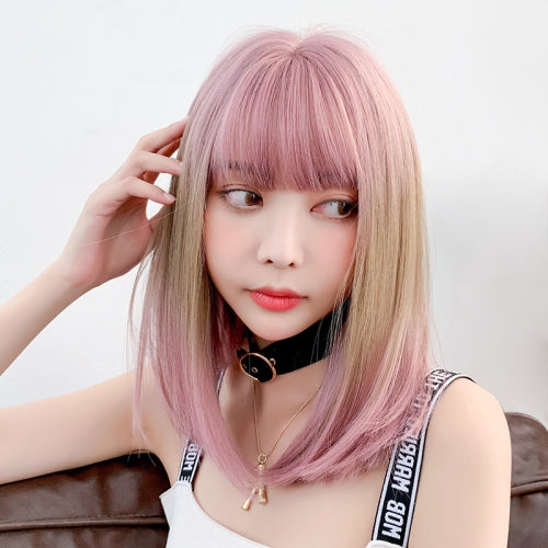 Female Gradient Highlighting Lifelike Chemical Fiber Headgear Wigs(Plum Pink and Honey Tea 39CM)