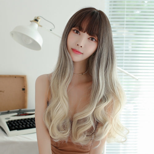 Wig Female Multi-Color Gradient Long Curly Hair(Milk Tea Three-color Gradient 66CM)
