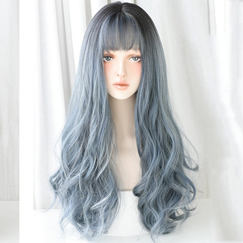 Wigs Long Curly Hair Women Thin And Light Texture Headgear Air Bangs Simulation Big Scalp Hair Cover, Colour: Haze Blue 68CM