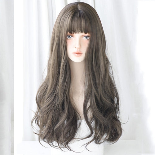 Wigs Long Curly Hair Women Thin And Light Texture Headgear Air Bangs Simulation Big Scalp Hair Cover, Colour: Cool Brown 68CM