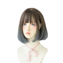 Wig Female Short Hair Bobo Student Head Round Face Full Top Headgear Natural Gradient Color Internal Buckle Straight Hair(Gradient Haze Blue 30CM)