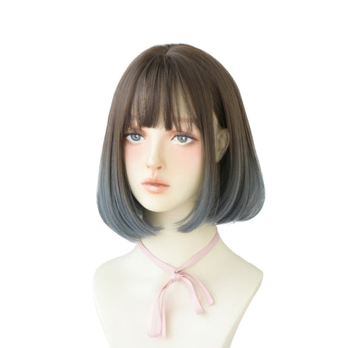 Wig Female Short Hair Bobo Student Head Round Face Full Top Headgear Natural Gradient Color Internal Buckle Straight Hair(Gradient Haze Blue 30CM)