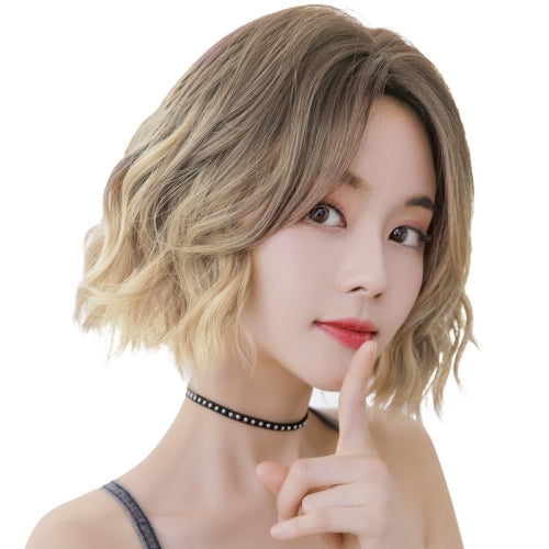 Wigs Women Full Top Short Curly Hair Simulation Chemical Fiber Headgear Natural Lifelike Short Round Face(Light Tea Gradient 32CM)