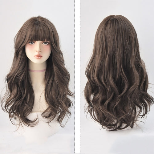 Wig Female Long Hair Big Wave Fluffy Full Headgear Long Curly Hair(Cool Brown 65cm)