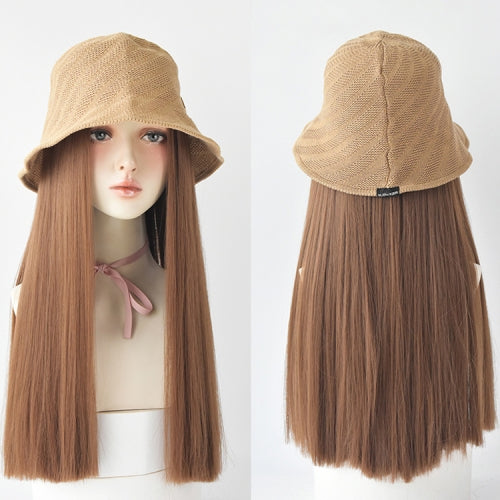 Wig Female Long Hair Natural Fluffy Hat Wig Long Straight Hair(Khaki Hat Honey Pudding)