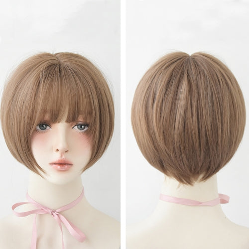 Wig Female Short Hair Round Face Full Top Headgear Short Hair Temperament Bangs Hair Cover(Honey Tea Flax 28CM)