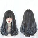 Wig Female Long Hair Highlighting Gradient Big Wave Hair Cover Comfortable Natural Full Shoulder Hair(Black Tea Pick Haze Blue 53CM)