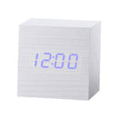 Multicolor Sounds Control Wooden Clock Modern Digital LED Desk Alarm Clock Thermometer Timer White Blue