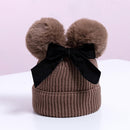 MZ7153 Double Wool Ball Bowknot Children Knitted Hat With Cotton Warm Baby Hat, Size: About 6-36 Months(Dark Brown)