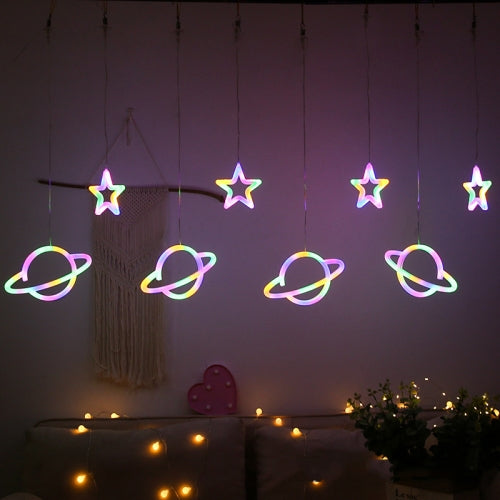 Neon Curtain Lights Creative Flying Saucer Star Lights String Christmas Room Decoration Light, EU Plug(Colorful Light)