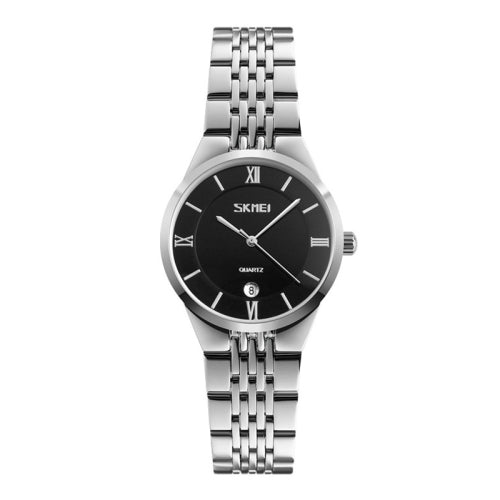 SKMEI 9139 Ladies/Man Fashion Quartz Watch Steel Band Waterproof Couple Watch For Women (Black Silver )