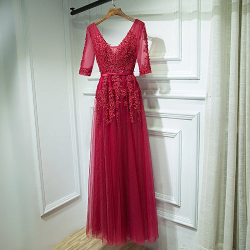 Sexy V-neck Evening Dress Robe Tulle Applique Evening Dresses, Size:L (Red Wine Half Sleeve)