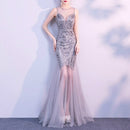 Sequins Beading Evening Dresses Mermaid Long Formal Prom Party Dress, Size:XXXL(Silver)