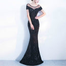 Elegant Backless Long Evening Dress Mermaid Party Sequins Maxi Dress, Size:L(Black)