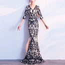 V-neck See-through Back Sequins Party Formal Dress Half Sleeve Sexy Long Evening Dresses, Size:M(Apricot+Black)