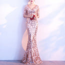 V-neck See-through Back Sequins Party Formal Dress Half Sleeve Sexy Long Evening Dresses, Size:XL(Gold)