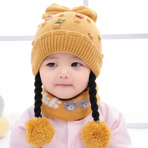 Autumn and Winter Baby Girls Princess Cute Cotton Lining Braid Wig Hat Bow-Kont Knitted Hat + Scraf Set(Yellow )