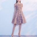 Lace Prom Dress Simple Short Party Formal Gown, Size:M(Khaki)