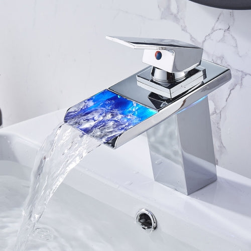 LED Three Lights Hot Cold Water Faucet Bathroom Waterfall Faucet CN Plug(Electroplating Silver)