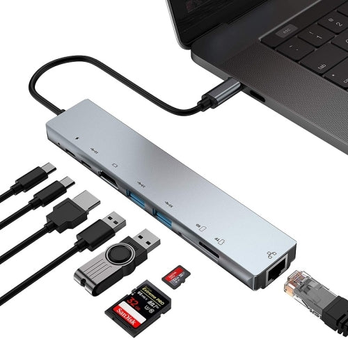 WC7367 8 in 1 87W Type-C to PD+USB3.0x2+SD+TF+HDMI+RJ45+Type-c Docking Station HUB