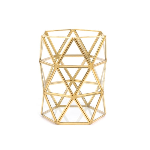 Glass Storage Tray Golden Retro Polygon Mirror Tray Brass Desktop Cosmetics Storage Tray Beauty Brush Bucket