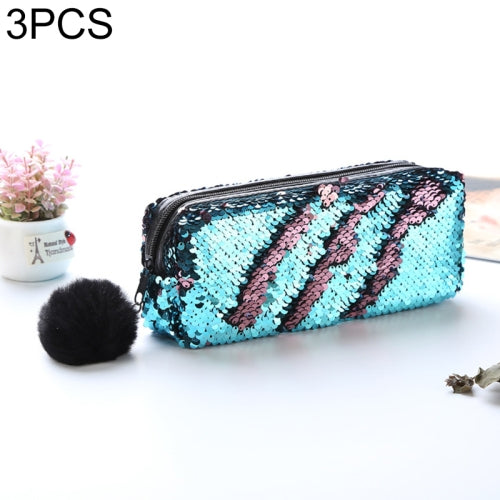 3 PCS Reversible Sequin Pencil Case for Girls School Supplies Super Big Stationery Gift Magic Makeup Bag(Blue+Pink)