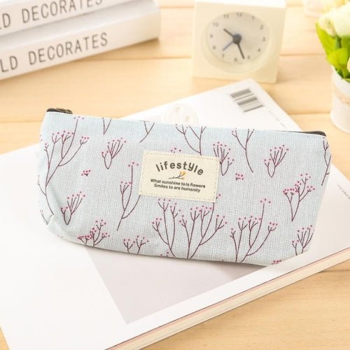 Cute Floral Canvas Zipper Pencil Cases Flower Tree Pen Bags(Light blue)