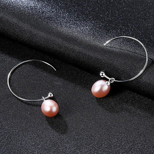 925 Sterling Silver Big Half Circle Earwire Drop Natural Freshwater Pearls Earring(purple)