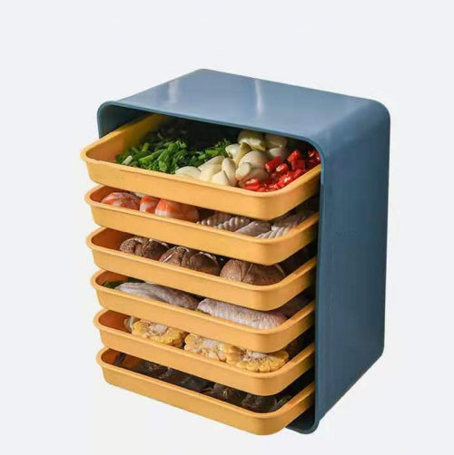 6-Layer Wall-Mounted Hot Pot Tray Kitchen Household Preparation Dishes Free Perforation Rectangular Side Dishes(Blue Frame + Yellow Plate)