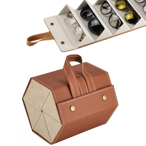 Multifunctional Jewelry Glasses Storage Box Small Grain PU Leather Handmade Glasses Case,Model: L6400 (Brown)