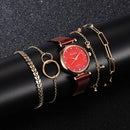 Ladies Magnet Buckle Watch Casual Flower Dial Watch Alloy Mesh Quartz Watch(Red+No.1 Bracelet)