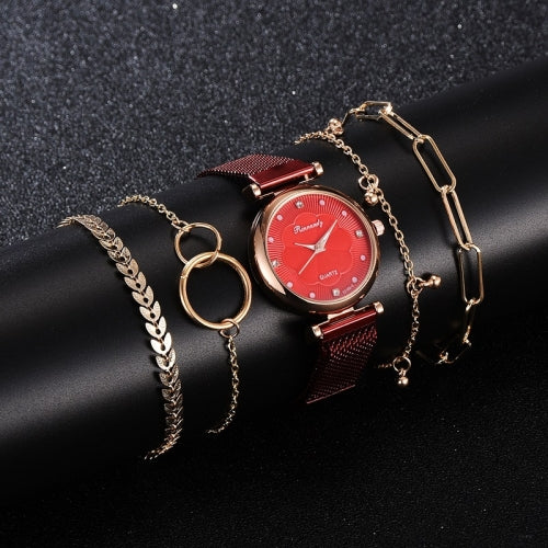 Ladies Magnet Buckle Watch Casual Flower Dial Watch Alloy Mesh Quartz Watch(Red+No.1 Bracelet)