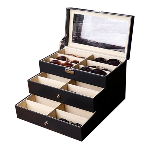 18 Grid Three-Layer Glasses Case Custom PU Leather Sunglasses Storage Display Packaging Box(Black)