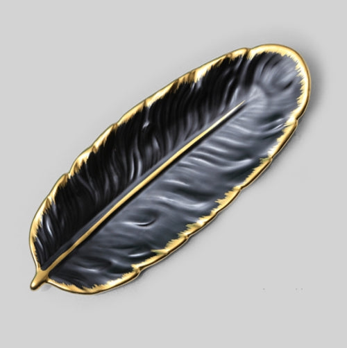 Phnom Penh Ceramic Dessert Plate Feather Plate Banana Leaf Fruit Dried Fruit Storage Tray, Size: Large (Matt Black)