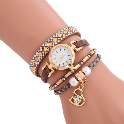 2 PCS Ladies Diamond-Studded Leather Belt Bracelet Watch With Love-Heart Shape Pendant(Brown)