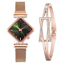 2 PCS Ladies Diamond Dial Quartz Watch, Colour: Rose Gold Green + Bracelet