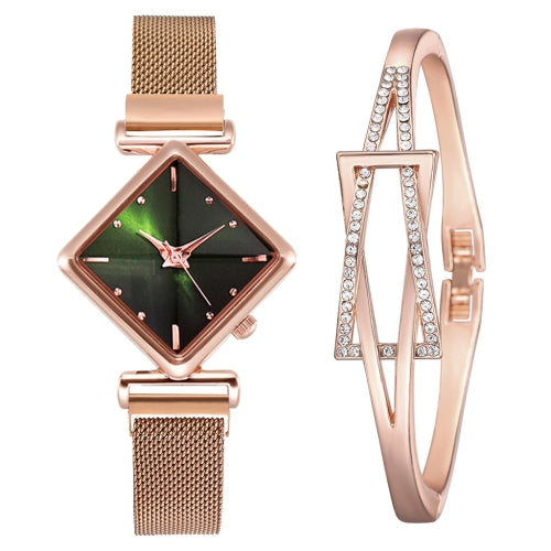 2 PCS Ladies Diamond Dial Quartz Watch, Colour: Rose Gold Green + Bracelet