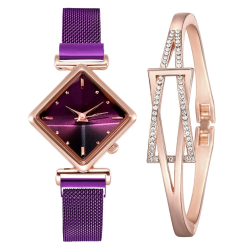 2 PCS Ladies Diamond Dial Quartz Watch, Colour: Purple + Bracelet