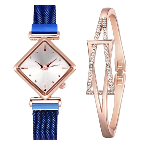 2 PCS Ladies Diamond Dial Quartz Watch, Colour: Blue + Bracelet