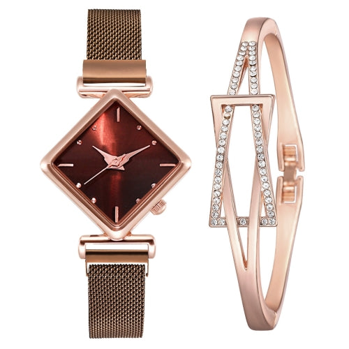 2 PCS Ladies Diamond Dial Quartz Watch, Colour: Brown + Bracelet