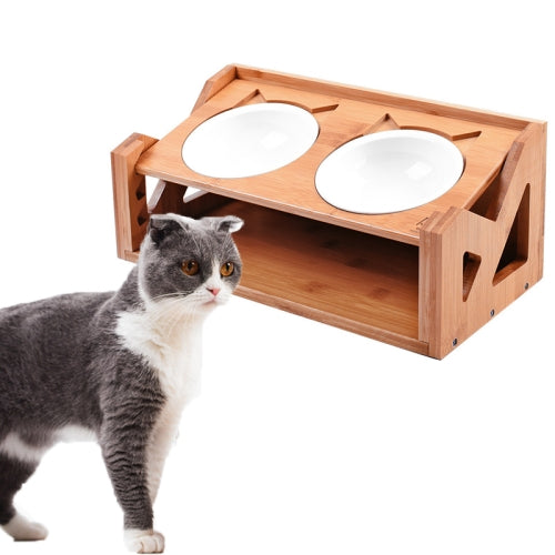 Bamboo Wood Lifting Cat Dining Table Adjustable Height Inclined Cat Bowl, Specification: Upgrade Porcelain Bowl