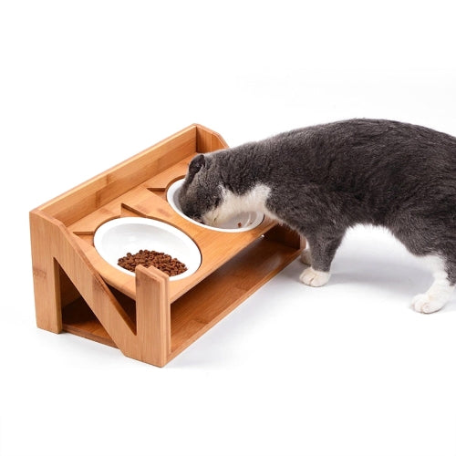 Bamboo Wood Lifting Cat Dining Table Adjustable Height Inclined Cat Bowl, Specification: N Bowl Porcelain Bowl