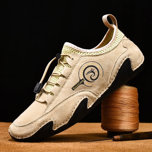 Spring And Summer Men Casual Breathable Peas Shoes Leather Pigskin Lazy Sneakers, Size: 39(Beige)