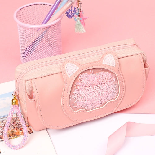 Canvas Cat Head Quicksand Pencil Case Stationery Bag(Light Pink)
