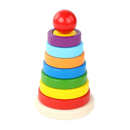 Children Wooden Rainbow Jenga Tower Column Toy Early Education Puzzle Ring Matching Building Block(Round)