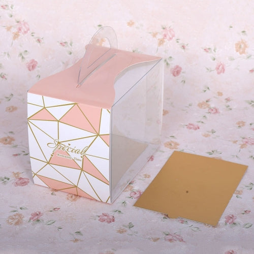 50 Pieces Set Portable Transparent Pieces Cake Box Mousse Pastry Packaging Box, Colour: Small Pink Geometric (With Tray)