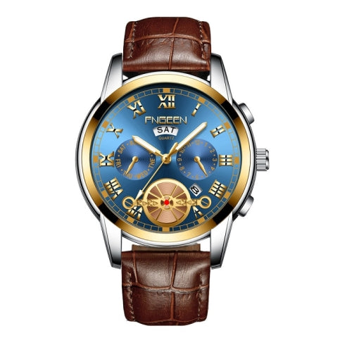 FNGEEN 4001 Men Non-Mechanical Watch Multi-Function Quartz Watch, Colour: Brown Leather Gold Blue Surface