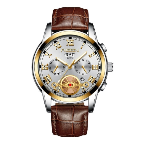 FNGEEN 4001 Men Non-Mechanical Watch Multi-Function Quartz Watch, Colour: Brown leather Gold White Surface